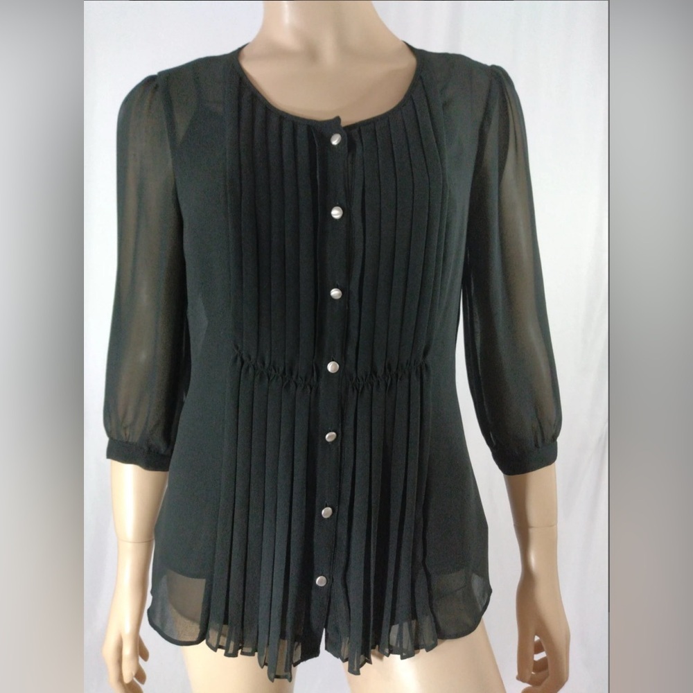 Talbot's Black Blouse Semi-transparent Pleated Buttons 3/4 Sleeve 6P